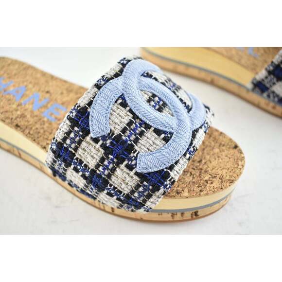 Chanel 20P Blue Tweed Denim CC Logo Cork Mule Slide Slip Platform Sandal Flat 41 - Picture 3 of 9